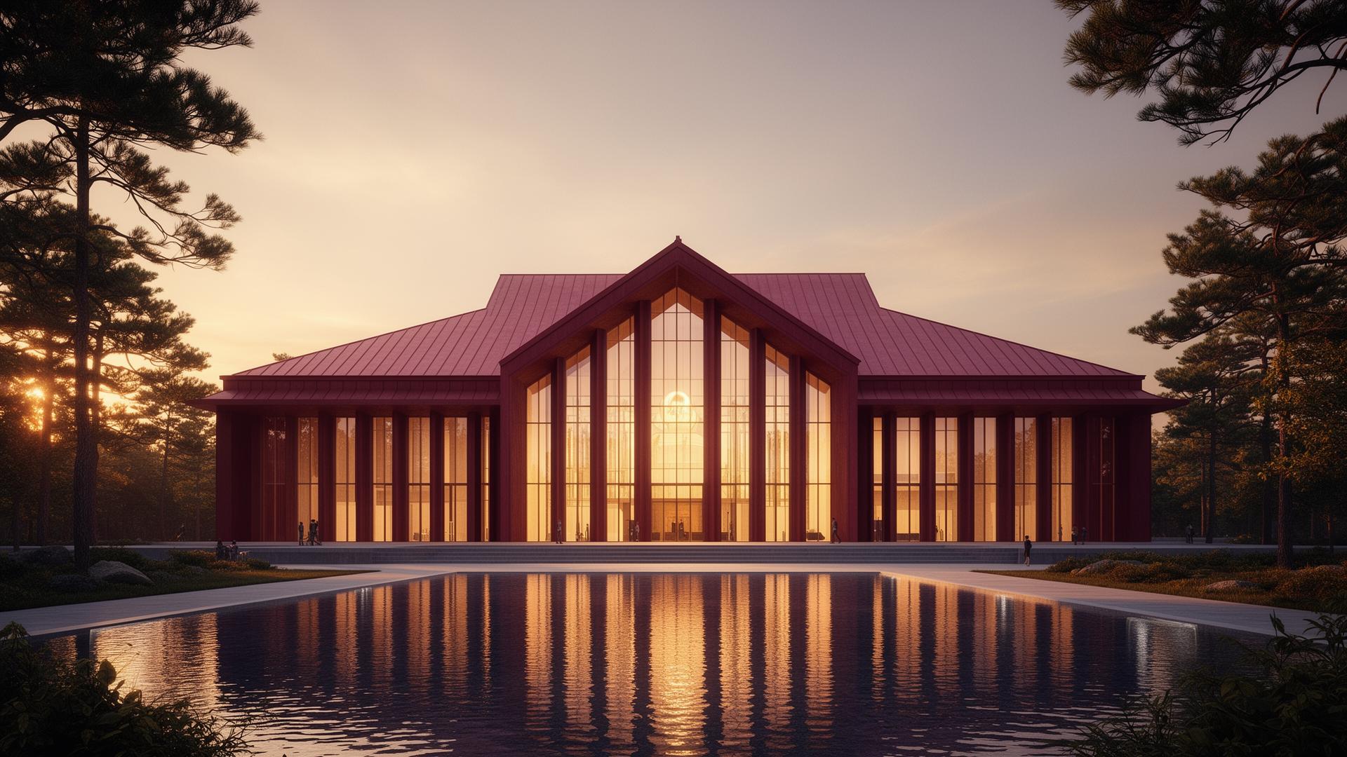 Concept rendering of a copper-roofed performing arts building beside a reflecting pool at golden hour
